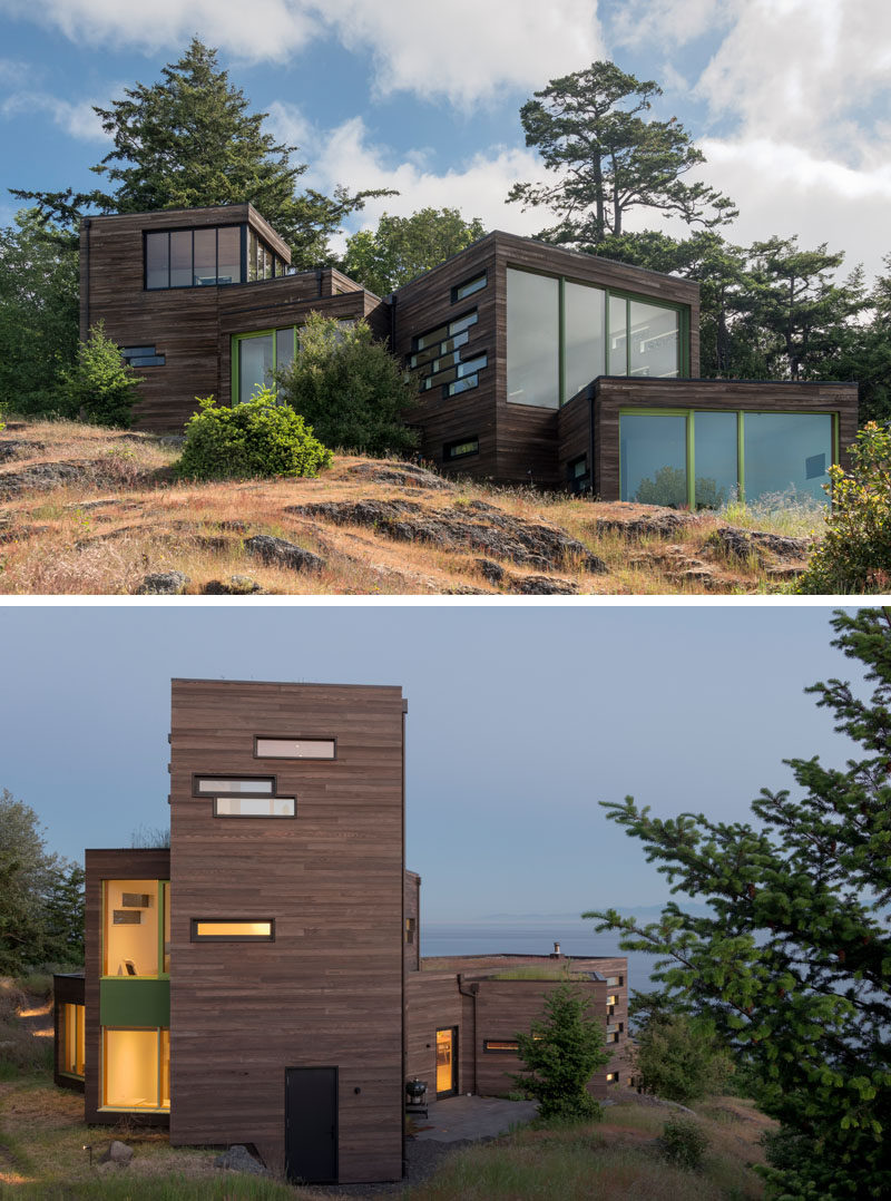 Architecture firm Prentiss + Balance + Wickline, have designed a multi-level, modern wood house in Friday Harbor, Washington State, that's anchored into the rocky slope. #ModernHouse #ModernArchitecture