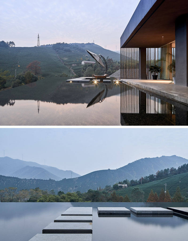 The penthouse on the top floor of this modern hotel has access to the rooftop water feature. Stepping stones lead out to a private 'island' with expansive views. #RooftopWaterFeature #HotelDesign