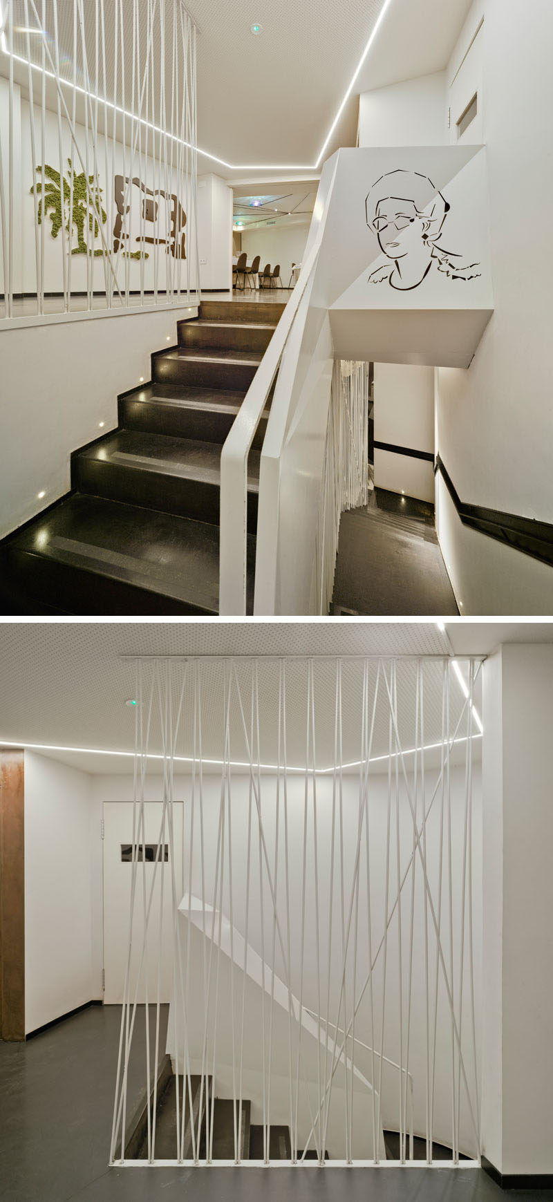 This modern restaurant has stairs featuring a white metal rod safety barrier. #Stairs #StairDesign