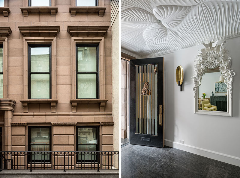 In this entry vestibule, ornamental motifs like the egg and dart molding and V-groove cuts taken from the facade, become folded and pleated surfaces, executed in cnc milled wood. #Vestibule #InteriorDesign #CeilingDetail
