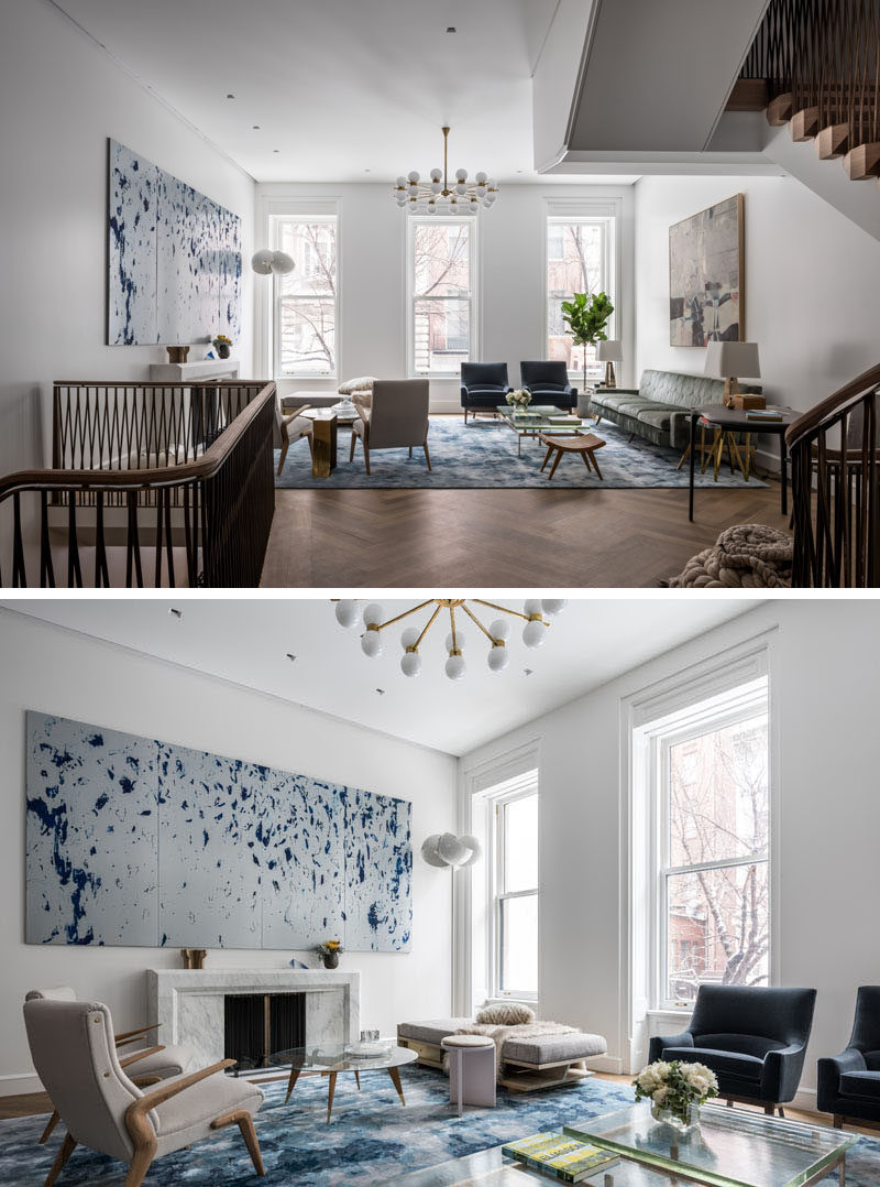 This contemporary living room is furnished with new and old pieces, while a custom fireplace mantel has been made from Danby marble. #LivingRoom #InteriorDesign #Fireplace