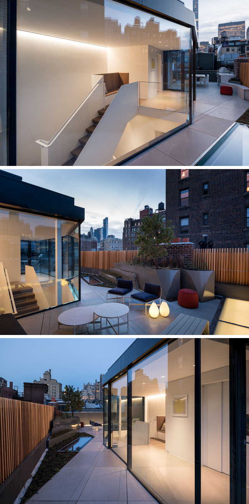 On this modern roof terrace, formed aluminum planters allow indigenous New York State plants to spill out in between the concrete pavers. The roof terrace is home to a lounge and a separate outdoor kitchen with a dining space. #RoofTerrace #Rooftop