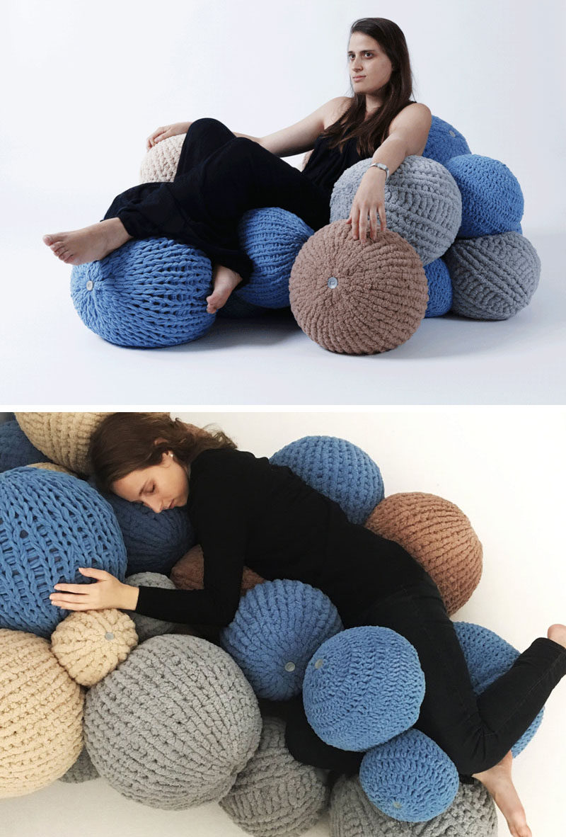 Industrial designer Erez Mor, has created the 'Bubbles' soft seating system, that's made from a collection of knitted balls joined by a connector. #Seating #Design #Furniture