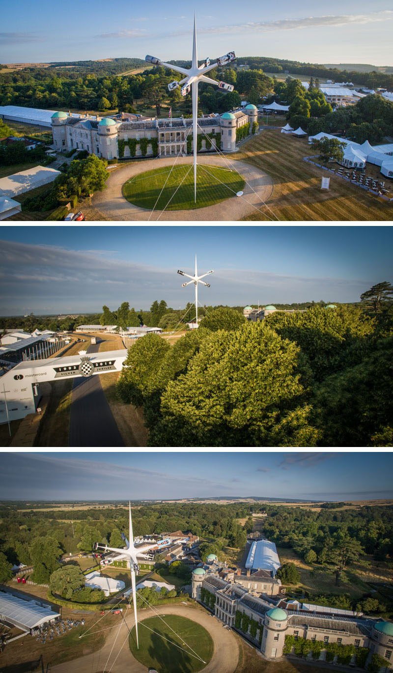 Artist Gerry Judah has designed the 2018 Goodwood Festival Of Speed sculpture that stands 52m high and has six arms that hold an iconic Porsche road or race car. #Sculpture #Art #Cars