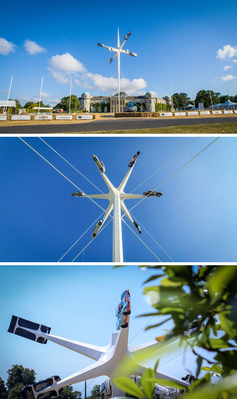 Artist Gerry Judah has designed the 2018 Goodwood Festival Of Speed sculpture that stands 52m high and has six arms that hold an iconic Porsche road or race car. #Sculpture #Art #Cars