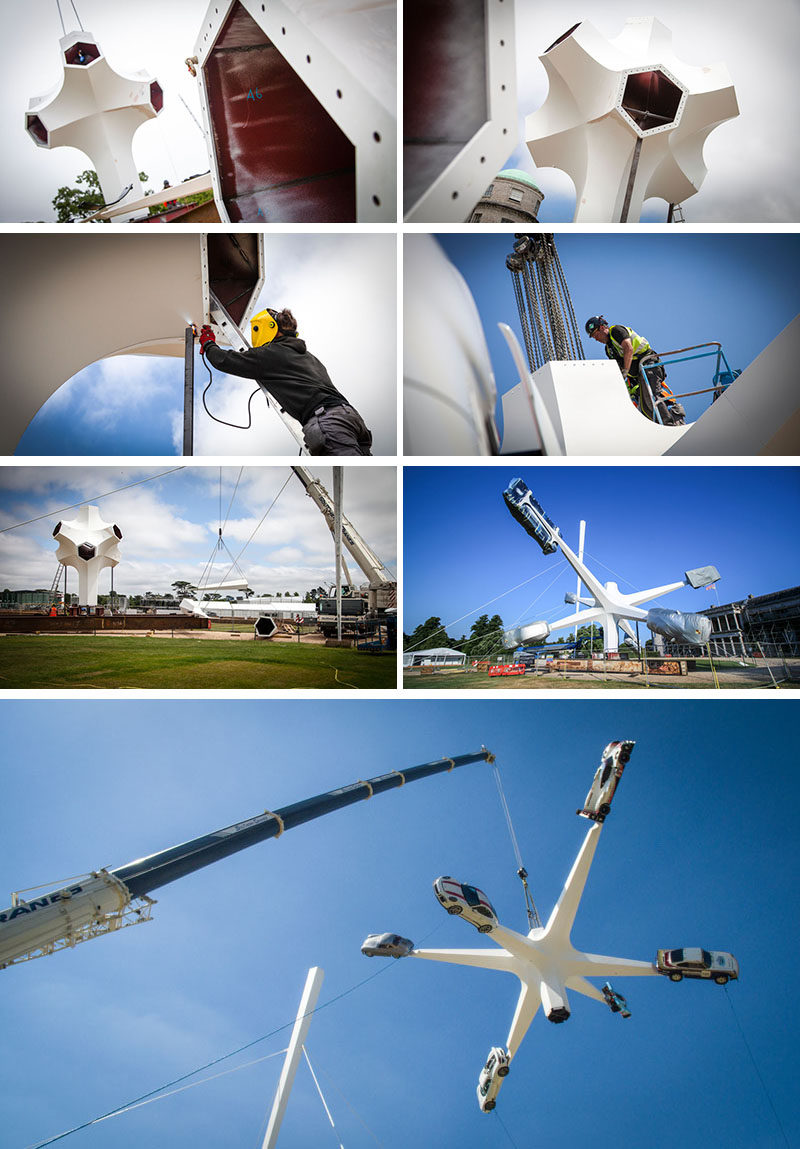 Artist Gerry Judah has designed the 2018 Goodwood Festival Of Speed sculpture that stands 52m high and has six arms that hold an iconic Porsche road or race car. #Sculpture #Art #Cars