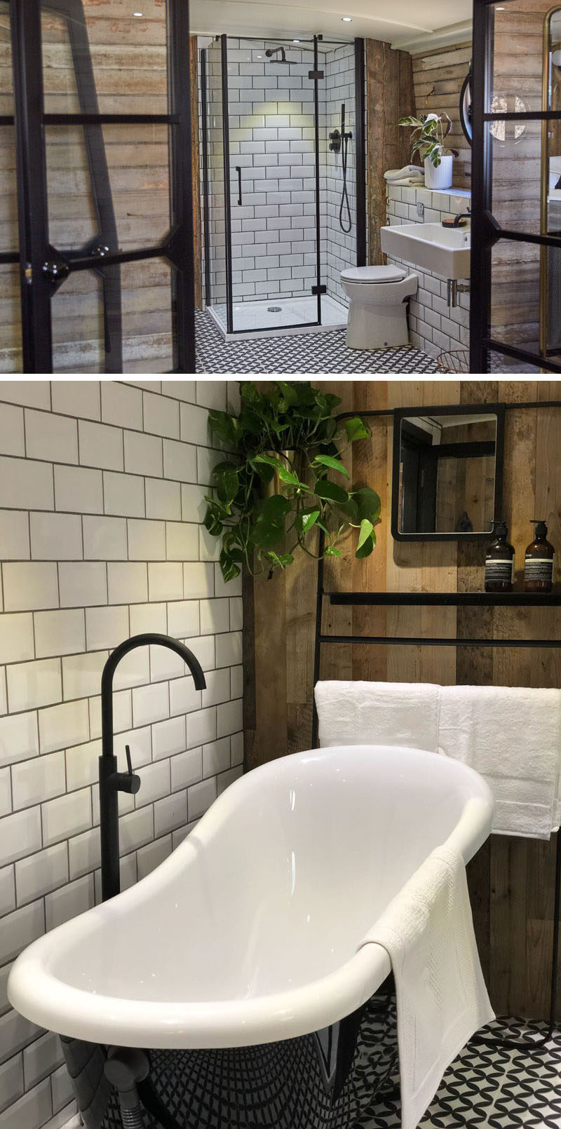 In this bathroom there's patterned tiles on the floor, a black-framed shower with white subway tiles, and a deep freestanding soaking tub with a black exterior. #ReclaimedWood #ModernBathroom #BlackBathtub #BlackAccents