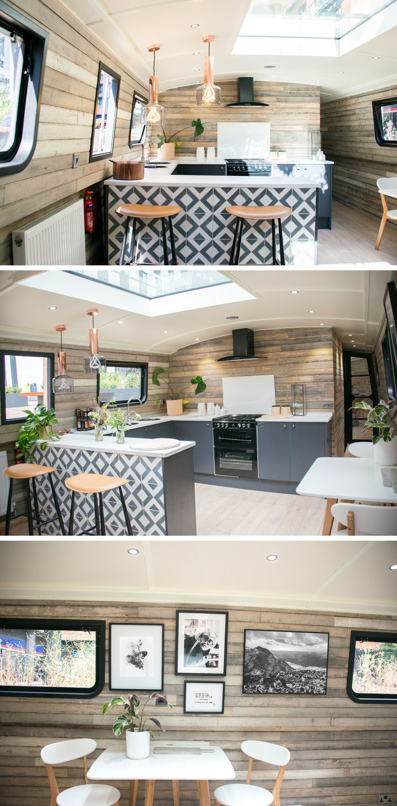 In the kitchen of a modern boathouse, an patterned tile accent designates the bar area of the kitchen, and on the adjacent wall, there's a small dining space for two. A skylight allows the natural light from above to filter through to the interior. #KitchenDesign #Boathouse