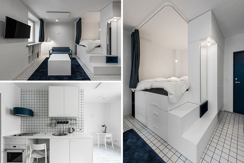 This micro apartment has a lofted bed with storage underneath, a living area, kitchenette, and bathroom. #MicroApartment #StudioApartment #LoftBed #BedWithStorage #SmallApartment