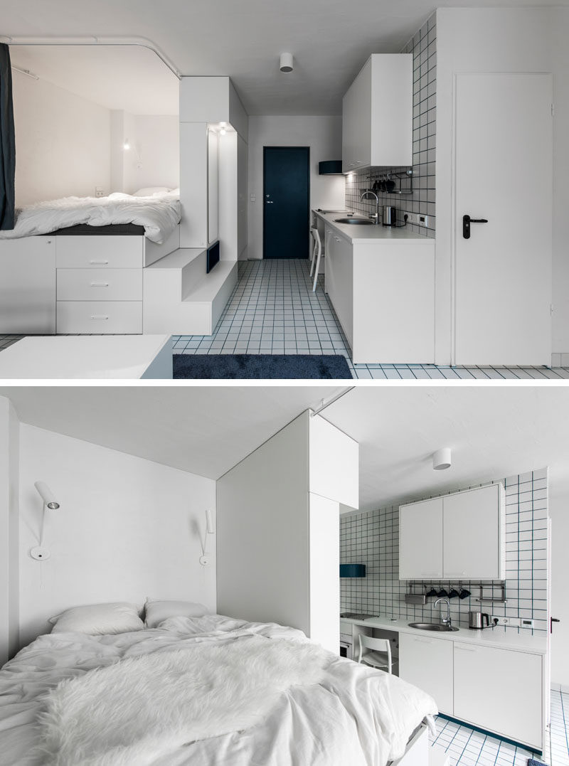 This micro apartment has a lofted bed with storage underneath, a living area, kitchenette, and bathroom. #MicroApartment #StudioApartment #LoftBed #BedWithStorage #SmallApartment