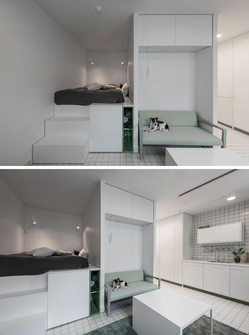 This micro apartment has a lofted bed with storage underneath, a living area, kitchenette, and bathroom. #MicroApartment #StudioApartment #LoftBed #BedWithStorage #SmallApartment