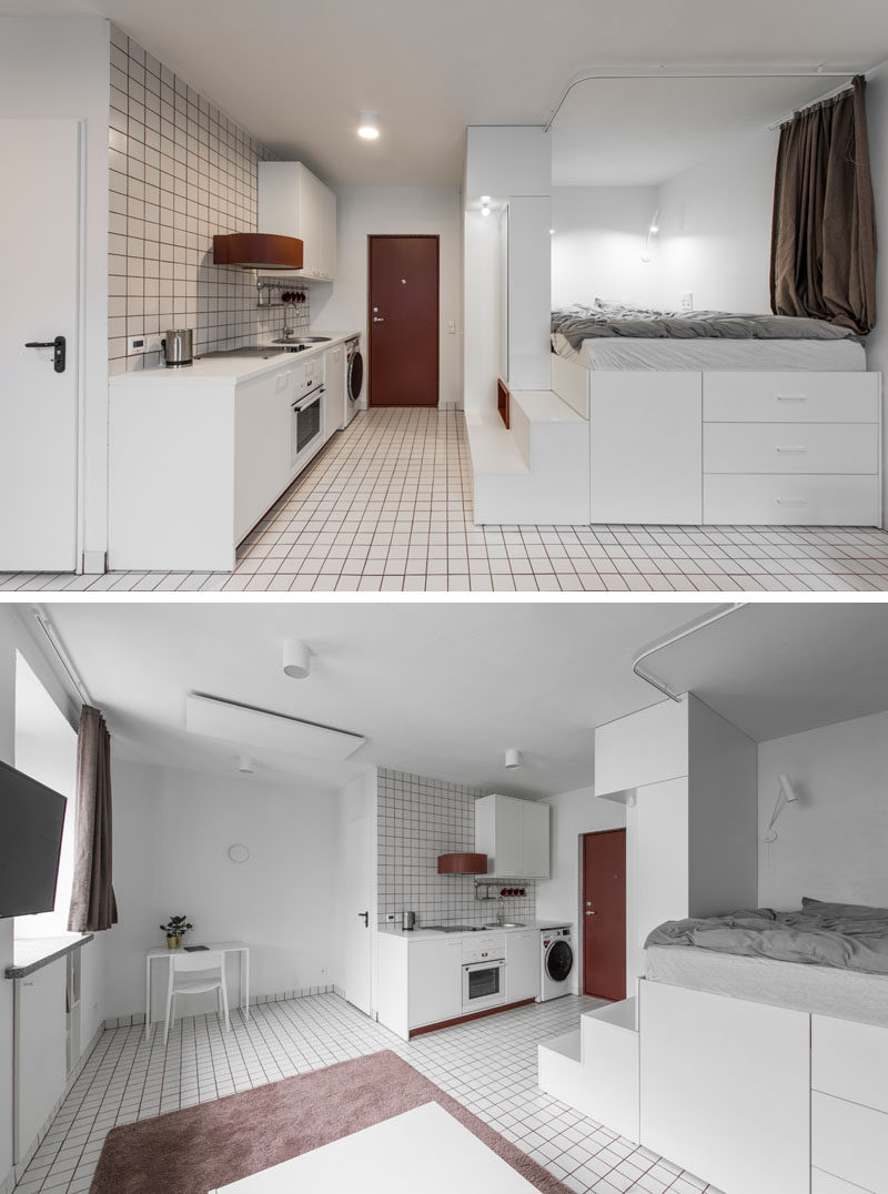 This micro apartment has a lofted bed with storage underneath, a living area, kitchenette, and bathroom. #MicroApartment #StudioApartment #LoftBed #BedWithStorage #SmallApartment #RedGrout