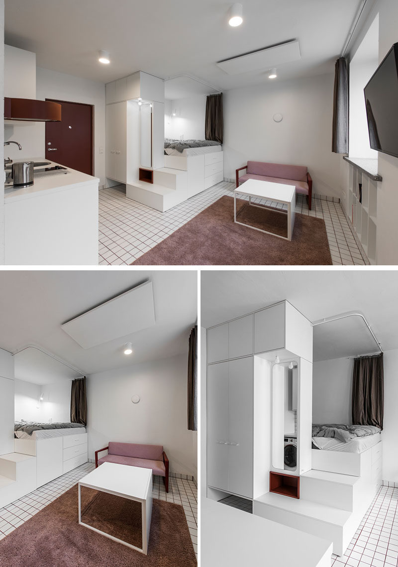 This micro apartment has a lofted bed with storage underneath, a living area, kitchenette, and bathroom. #MicroApartment #StudioApartment #LoftBed #BedWithStorage #SmallApartment