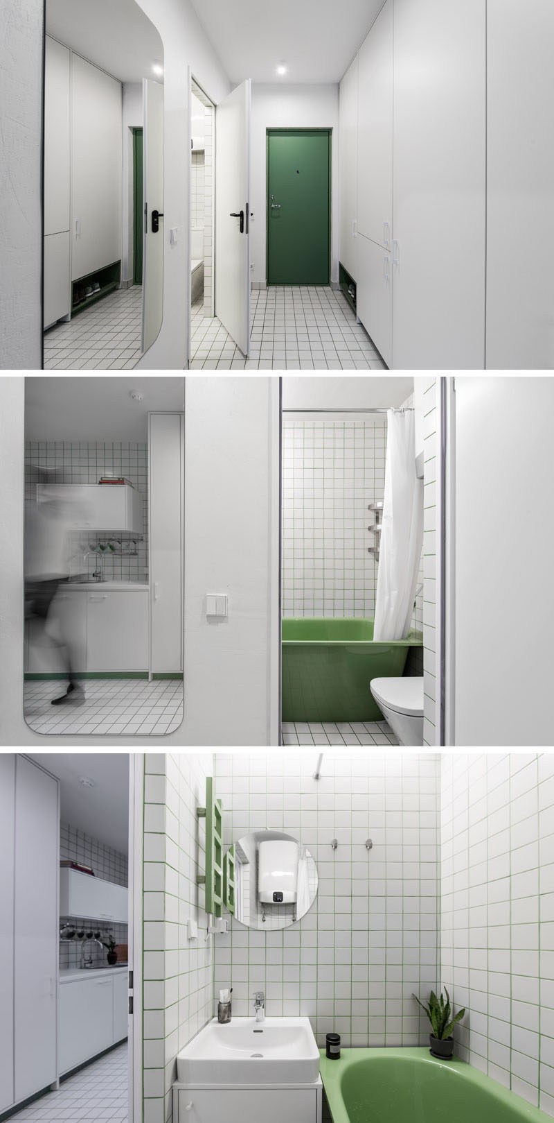 This modern and white micro apartment used green as an accent color, which has been used for front door, the shoe storage, the bathtub, and the tile grout. #GreenAccents #Bathroom SmallBathroom #GreenGrout