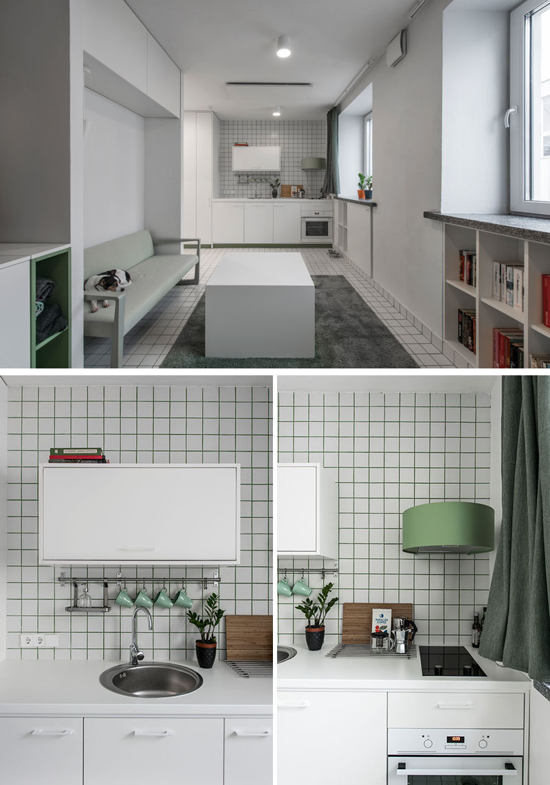 This micro apartment has a loft bed with storage underneath, a living area, kitchenette, and bathroom. #MicroApartment #StudioApartment #LoftBed #BedWithStorage #SmallApartment #GreenGrout