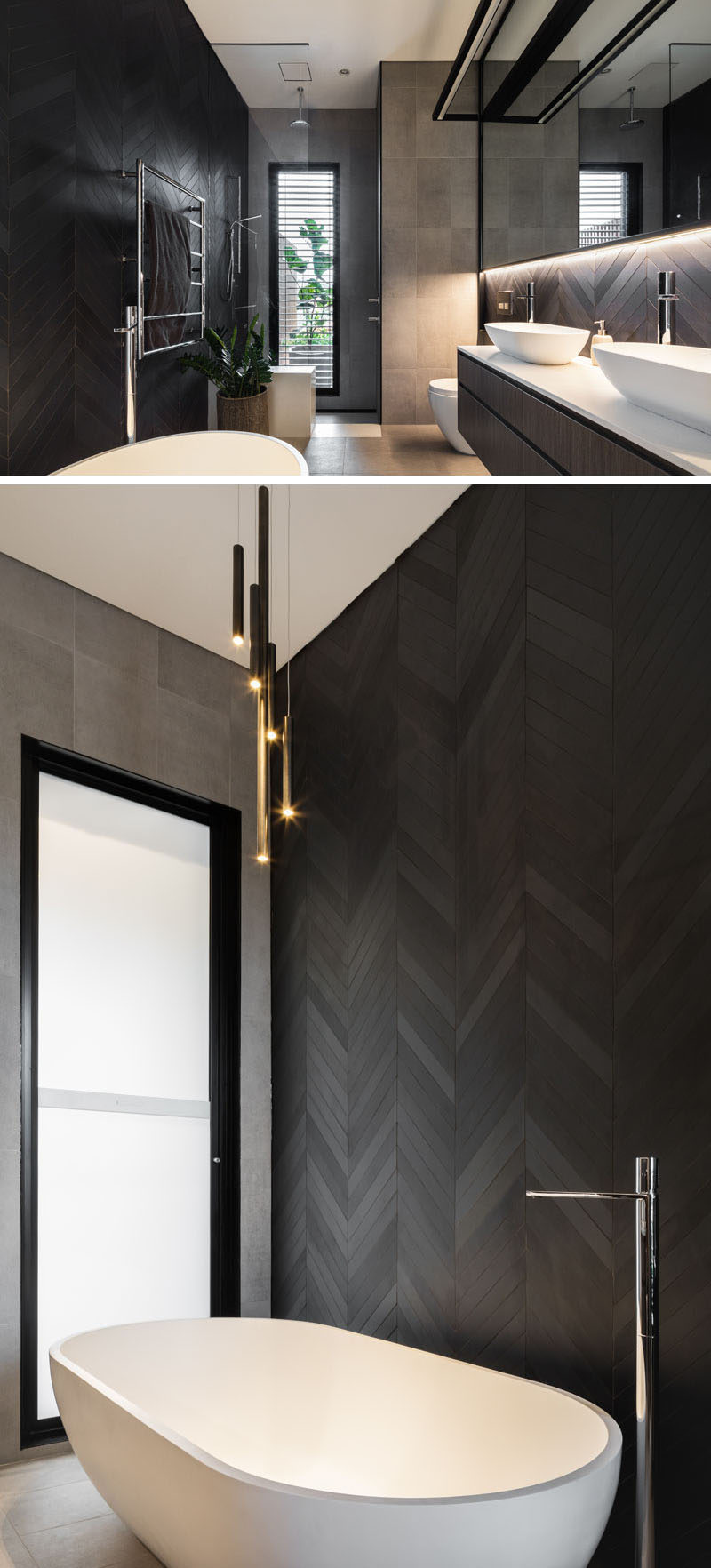 This modern bathroom has a dark chevron patterned wall behind the freestanding bathroom and as a backsplash for the vanity. #Chevron #Bathroom #ModernBathroom