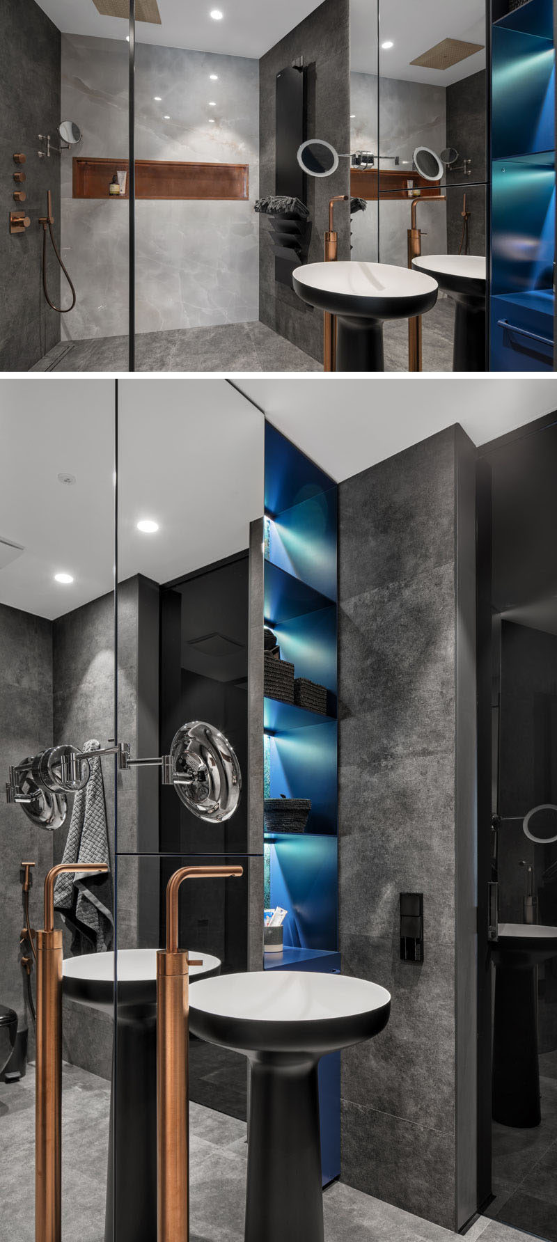 In this modern bathroom, dark design elements have been combined with lighter walls and copper details. A pop of color has been added in the form of a blue shelving unit with built-in led lights.