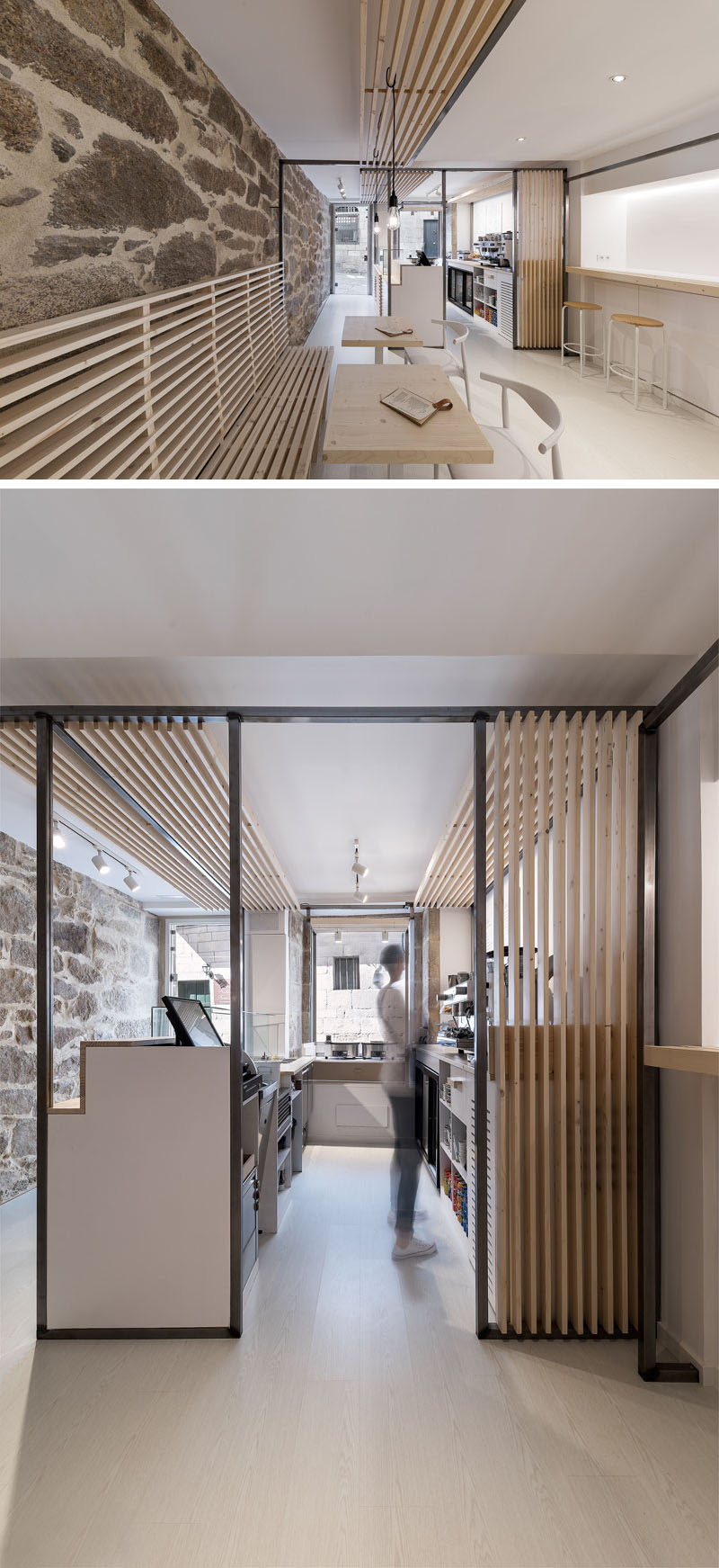 Erbalunga estudio have designed a creperie in Spain that combines original old stone, and new modern design elements. #Creperie #Cafe #RetailDesign #WoodSlats