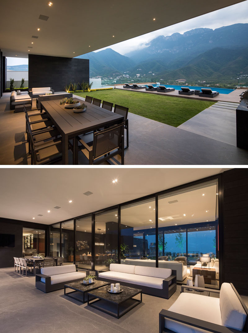 This modern house has a partially covered outdoor lounge and dining area, as well as an outdoor bbq/kitchen. #CoveredOutdoorSpaces #Landscaping #LandscapeDesign