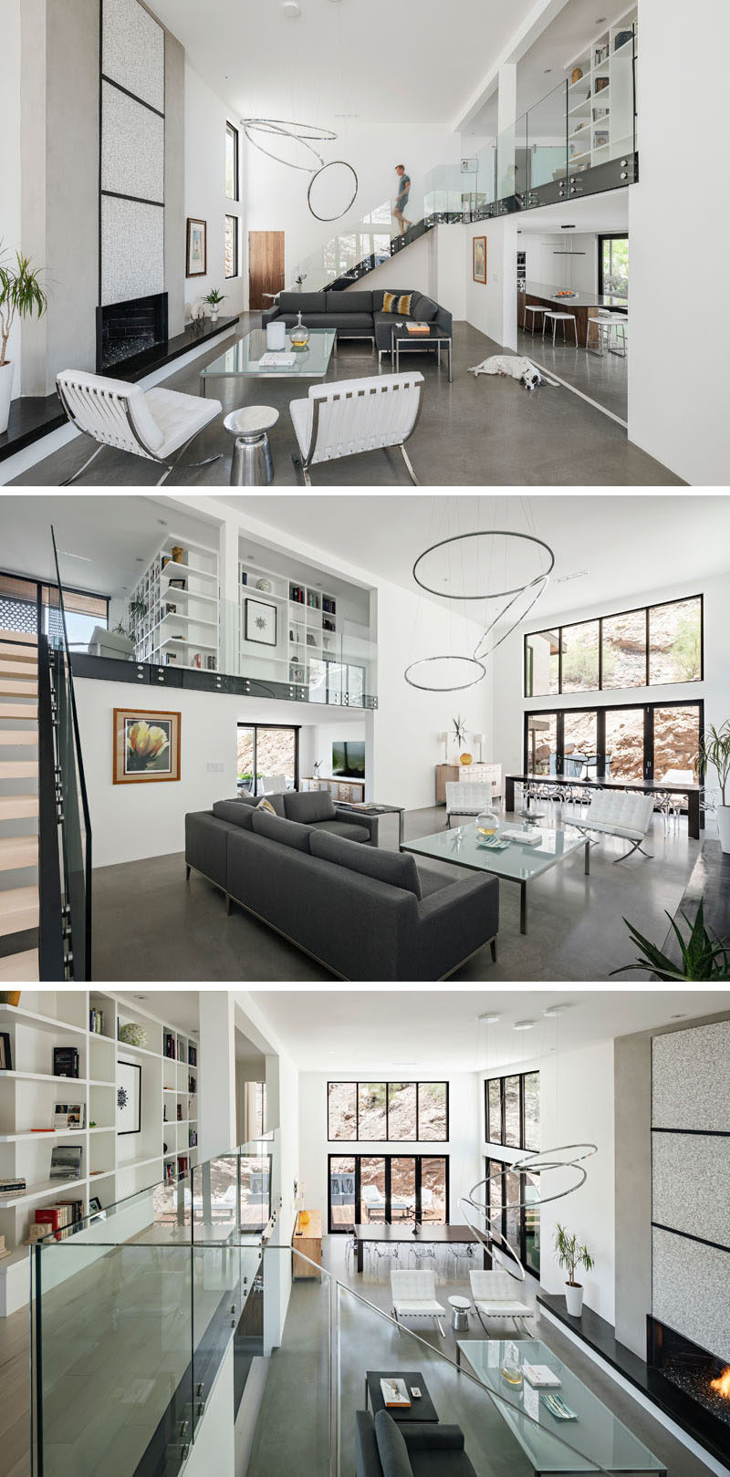 This modern family room features a double-height ceiling and plenty of windows for natural light and views of the red rocks. #FamilyRoom #ConcreteFloors #Windows