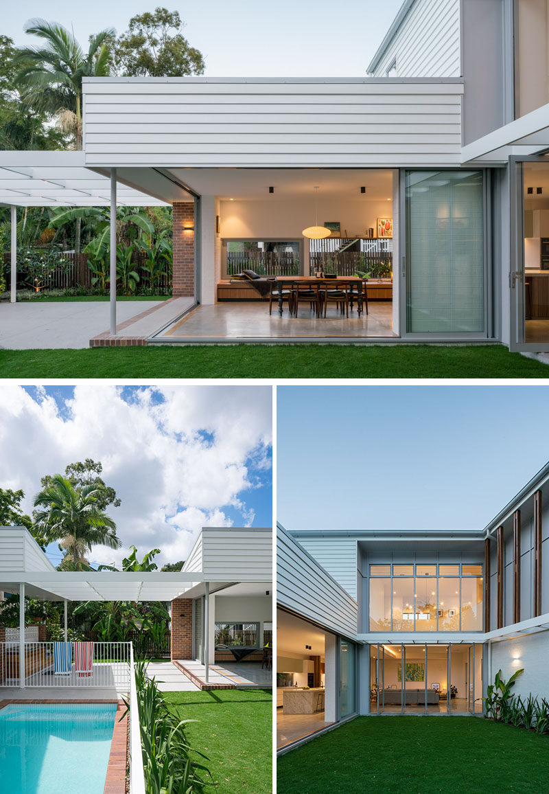 The interior spaces of this contemporary house open to a courtyard, allowing the home to be centered on indoor/outdoor living. Outside, there's a bbq terrace, a swimming pool and a lawn area. #Backyard #Landscaping #GlassWalls #IndoorOutdoor