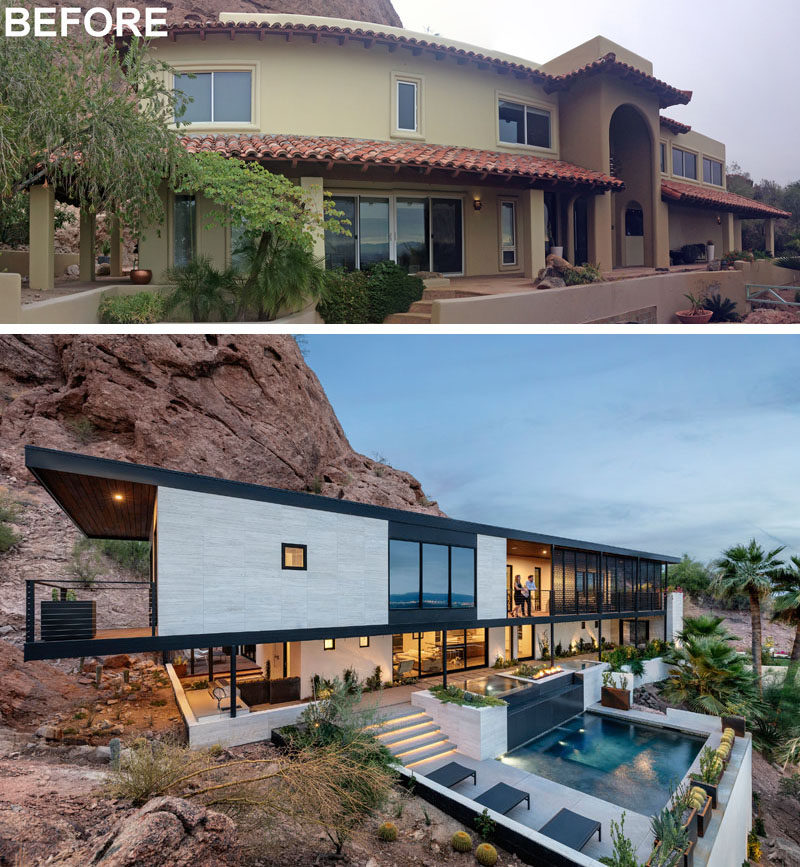 The Ranch Mine have recently transformed a Spanish Colonial Revival style house into the ‘Red Rocks’ residence, a modern house that sits against the side of Camelback Mountain in Phoenix, Arizona. #Renovation #Architecture #ModernHouse