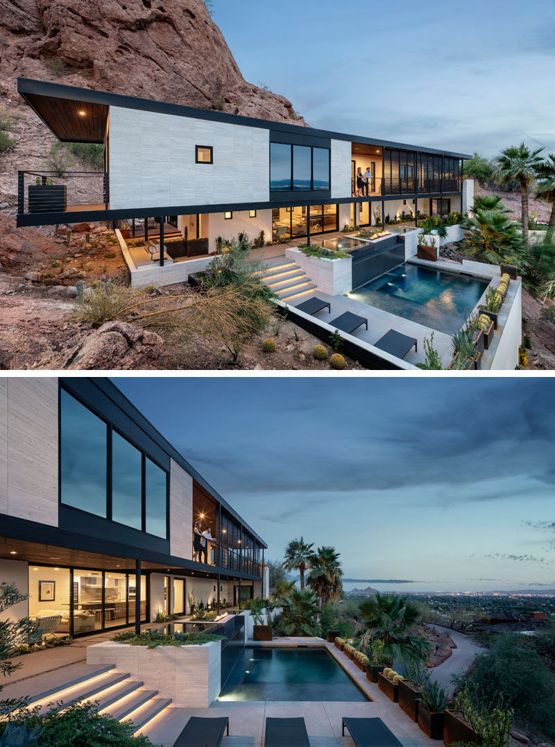 This modern house has a covered patio with stairs that lead downs to the pool area. #ModernHouse #Architecture #PoolDesign #Landscaping #SwimmingPool