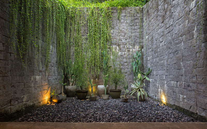 This private courtyard has lights to highlight the stone walls, while cacti add to the rock garden feel. #Courtyard #PrivateCourtyard #StoneWalls