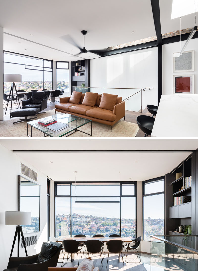 In this modern interior, black steel cross beams contrast the bright white walls, while the dining room is positioned to take advantage of the sweeping views. #SteelBeams #OpenPlan #DiningRoom #Windows