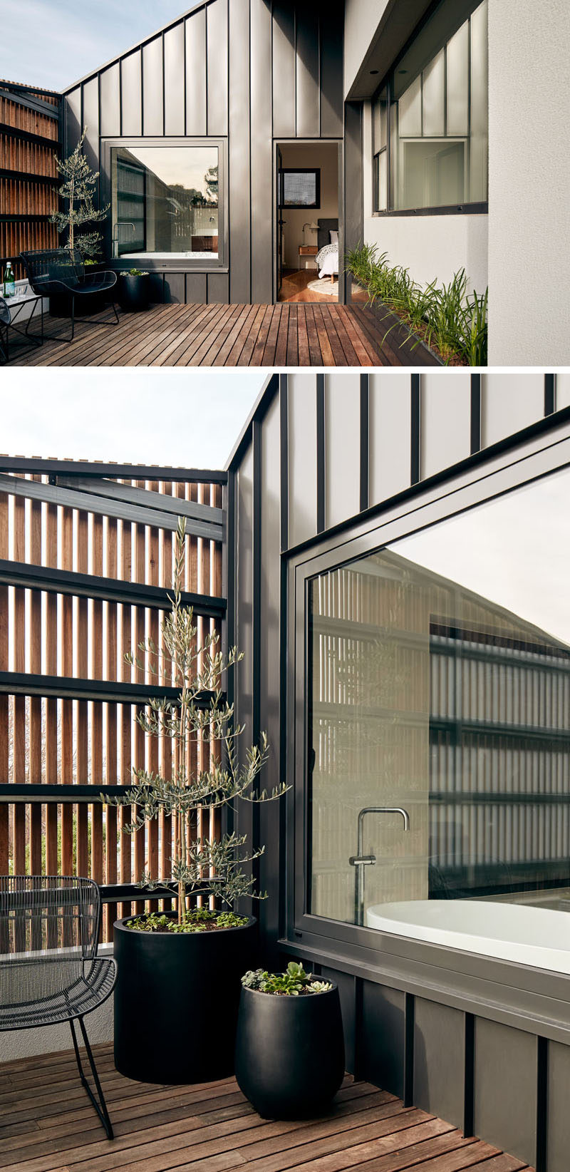 This modern balcony, home to potted plants and an outdoor seating area, hides behind a wood screen that covers the facade of the home. #ModernHouse #Balcony #WoodScreen