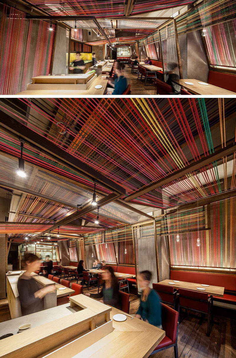 El Equipo Creativo have designed the Pakta Restaurant in Barcelona, Spain, that features an interior with brightly colored ropes. #InteriorDesign #RestaurantDesign #Rope #Ceiling