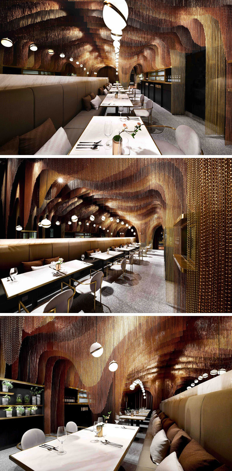 This modern restaurant features approximately 35,000 meters of gold chains that make up sculptural layers, mimicking the mountainous tea fields in China. #RestaurantDesign #ModernRestaurant #MetallicChains #InteriorDesign