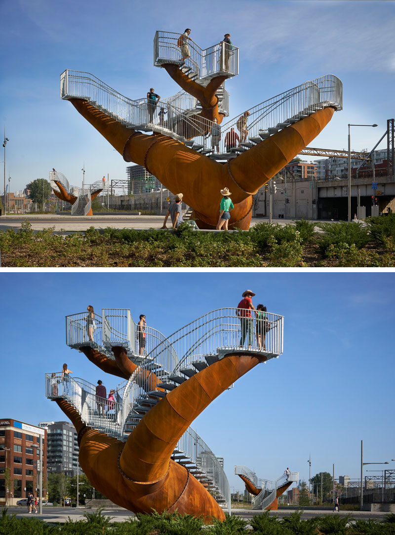 This modern public sculpture in Montreal, Canada, was inspired by neurons and trees. #Sculpture #PublicArt #WeatheringSteel #Montreal