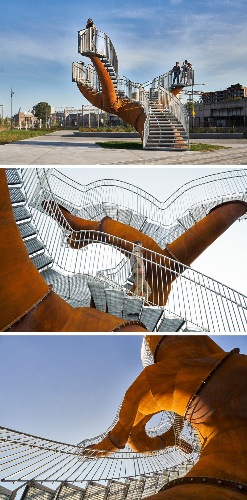 This modern public sculpture in Montreal, Canada, was inspired by neurons and trees. #Sculpture #PublicArt #WeatheringSteel #Montreal