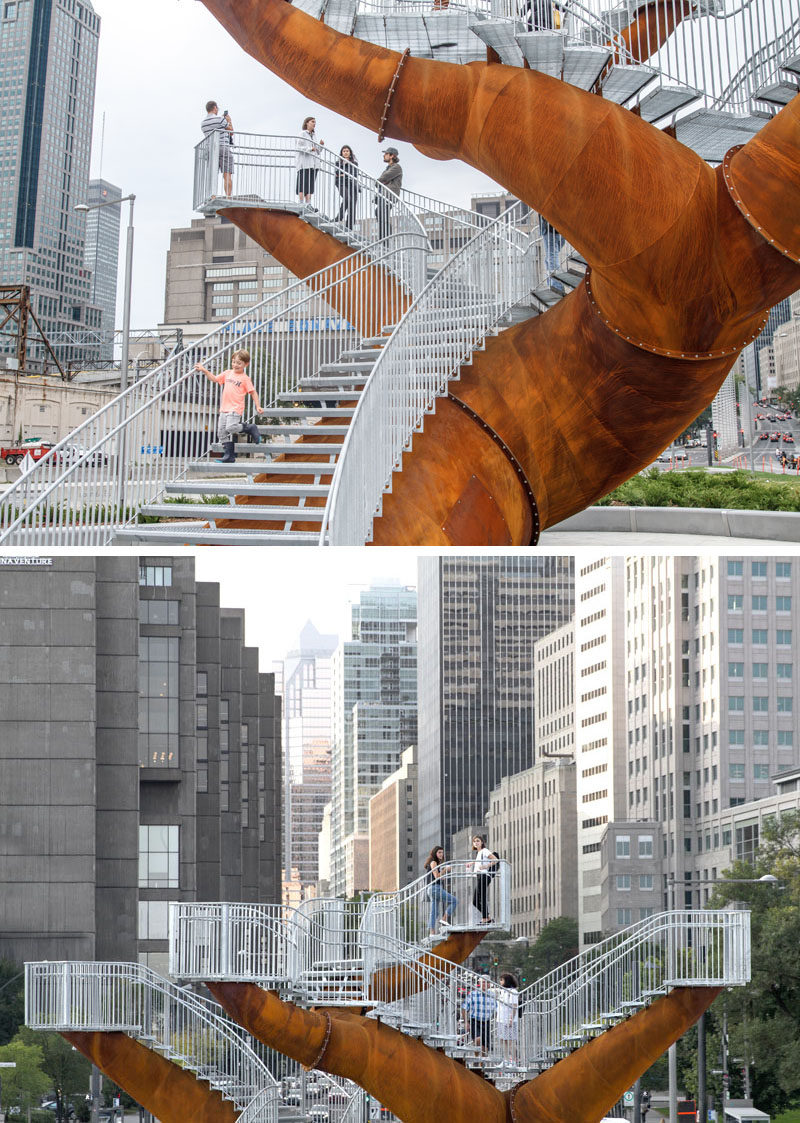 This modern public sculpture in Montreal, Canada, was inspired by neurons and trees. #Sculpture #PublicArt #WeatheringSteel #Montreal