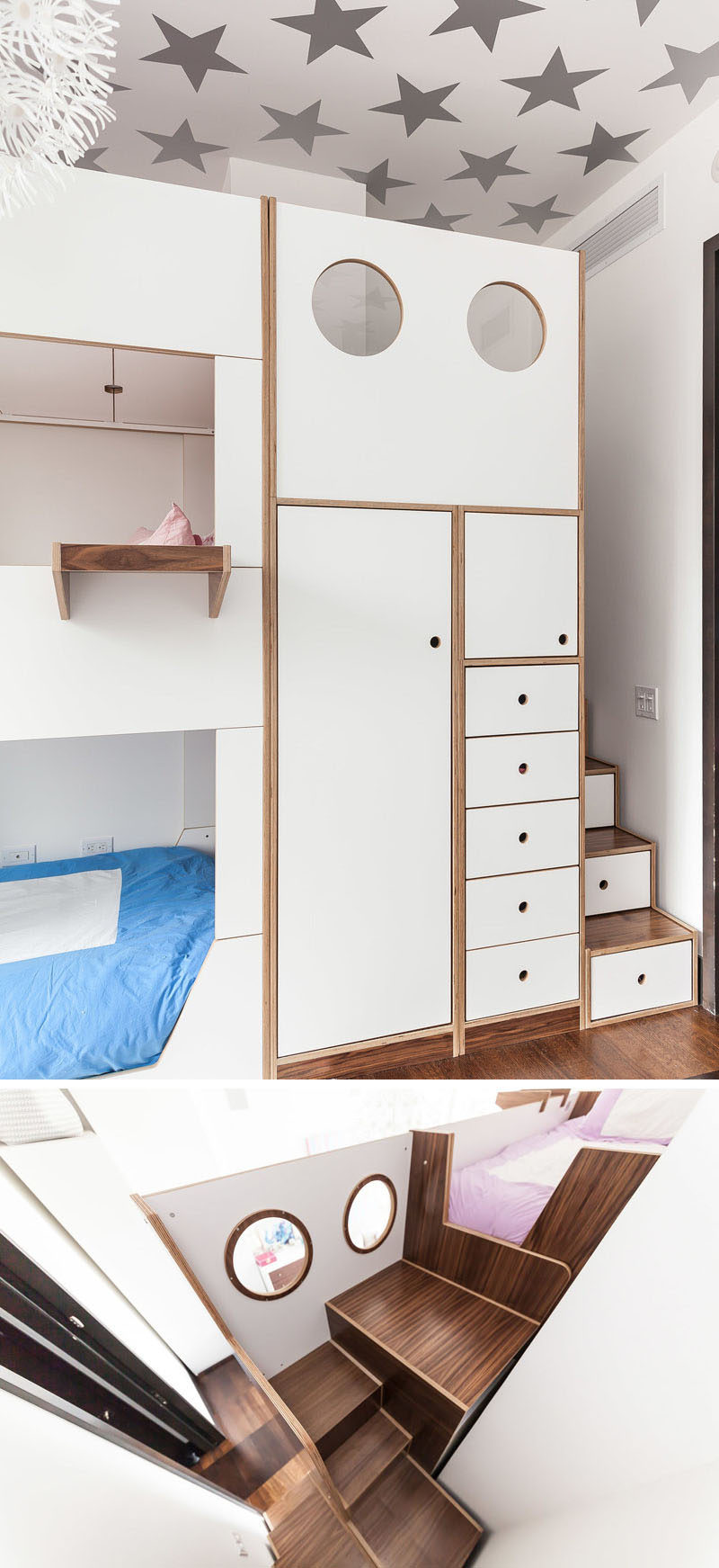This modern triple bunk bed has two dedicated sets of stairs for the middle and top bunks, built-in storage, and hanging tray tables for each bed. #BunkBed #TripleBunkBed #KidsRoom #Bedroom #ModernBedroom