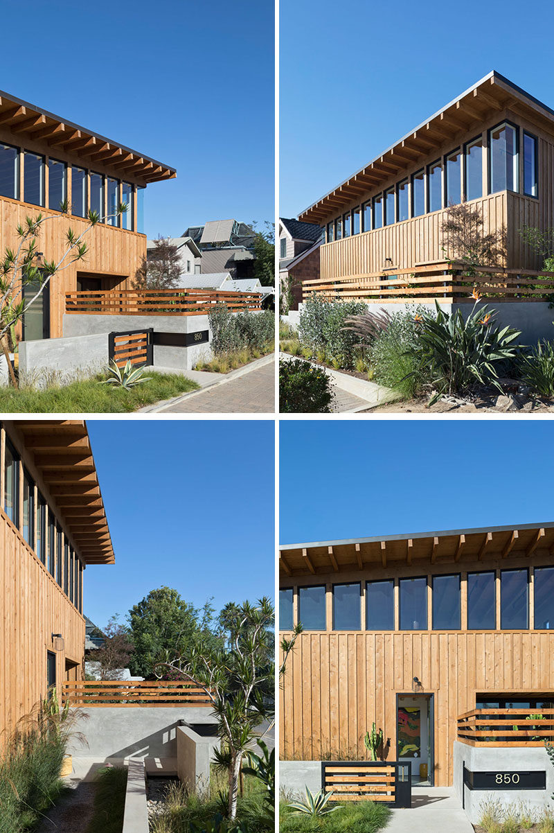 A custom entry gate, low concrete walls, and water feature are placed at the front of this modern house to create a boundary to the busy street. #WoodHouse #Fence #WaterFeature #CurbAppeal