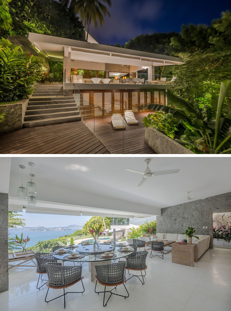 This modern house has an open plan living and dining area, while below are two bedrooms that open to a terrace. #Architecture #InteriorDesign #OpenPlan