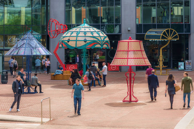 Art and design studio Arcylicize, has created 'The Manchester Lamps', five oversized lamps that illuminate the city of Manchester. #Art #Lighting #PublicArt #Sculpture #Installation