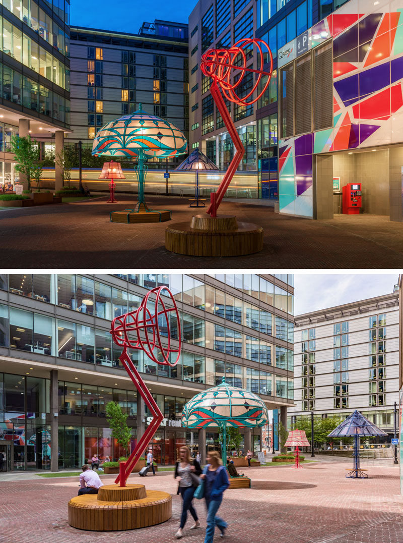 Art and design studio Arcylicize, has created 'The Manchester Lamps', five oversized lamps that illuminate the city of Manchester. #Art #Lighting #PublicArt #Sculpture #Installation