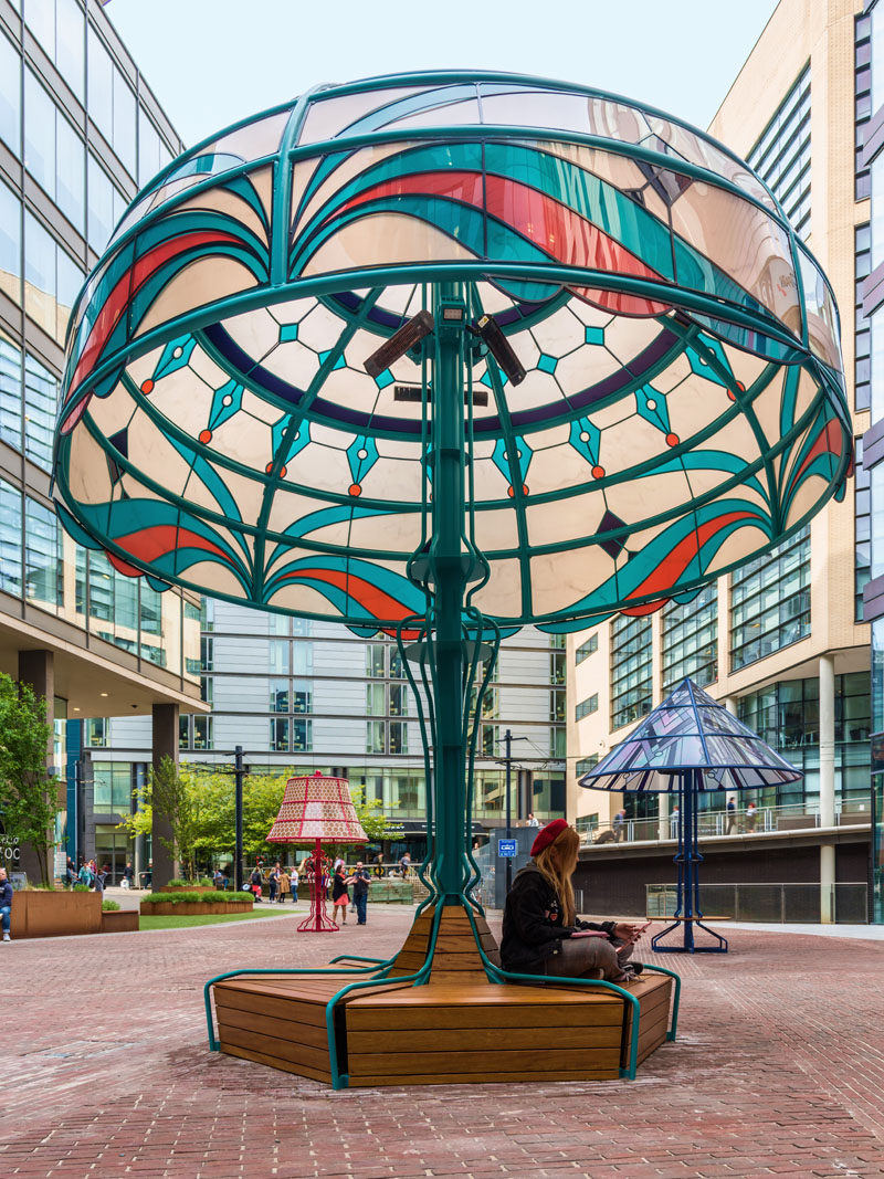 Art and design studio Arcylicize, has created 'The Manchester Lamps', five oversized lamps that illuminate the city of Manchester. #Art #Lighting #PublicArt #Sculpture #Installation