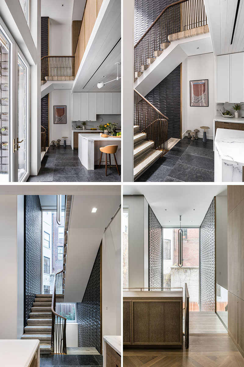 This modern staircase is clad in glazed terra cotta tiles and is comprised of travertine block, with an undulating and braided bronze railing. The “Dyade” pendant light hanging above the stairs was designed by Julie Richoz. #Stairs #Staircase #Tiles #Railings