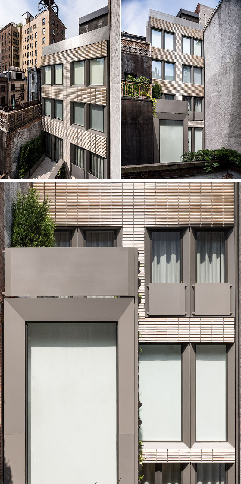 The terra cotta rear facade of this row house is accented by aluminum window trims with integral Juliet balconies that emphasize the depth of the facade and frames the oversized windows and patio doors. #Facade #RowHouse