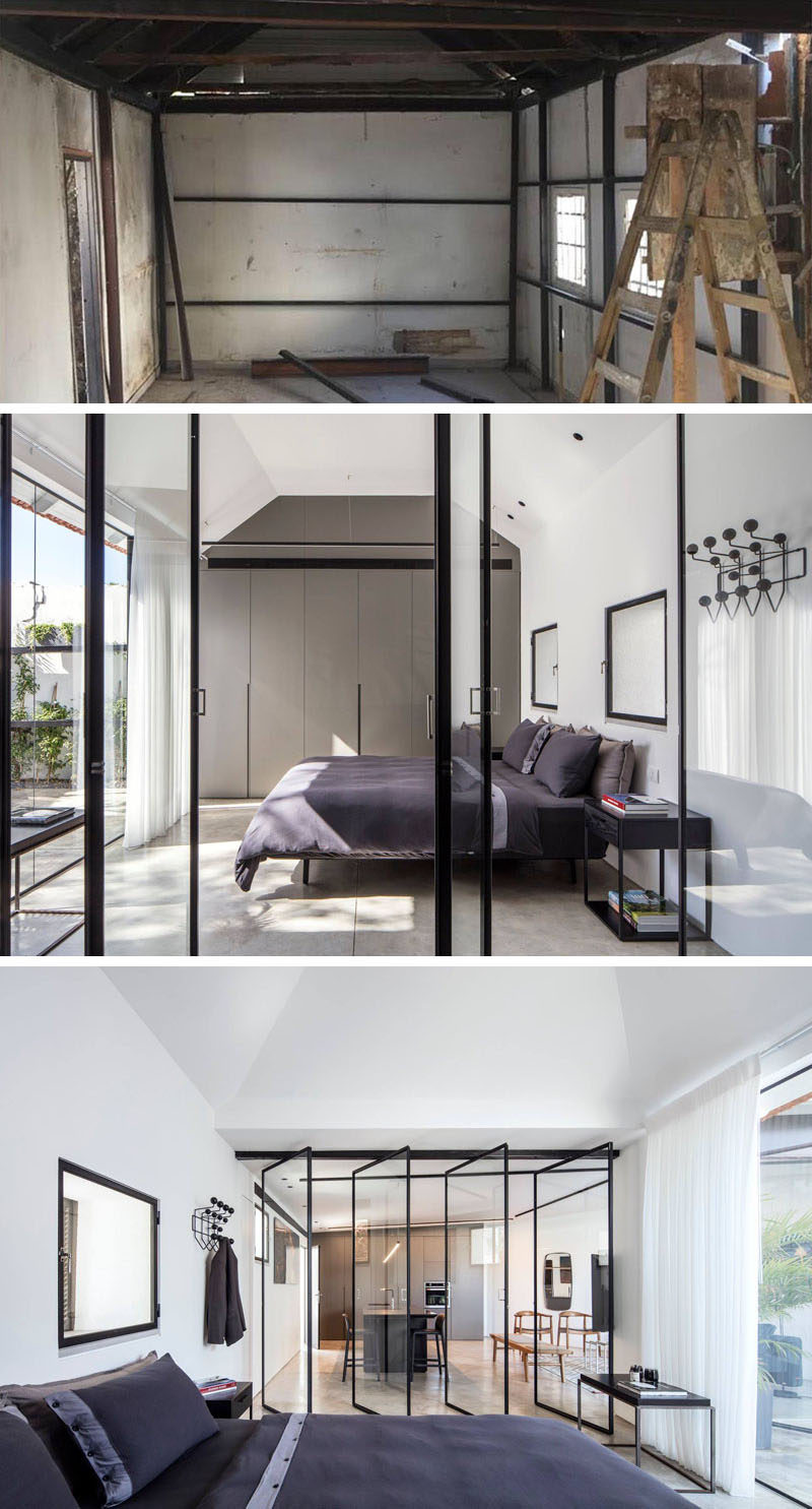 BEFORE + AFTER - In this bedroom a wall of closets were added, and the left-hand-side wall was removed and replaced with a large picture window that looks out onto the patio. #ModernBedroom #RenovatedBedroom