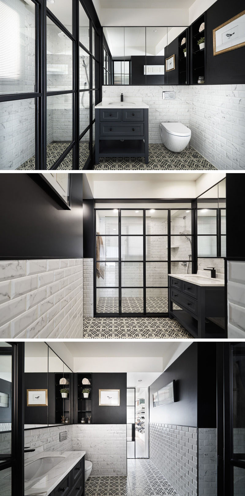 In this modern bathroom, a black-framed glass partition encloses the shower, and complements the upper half of the walls that are painted black. #Bathroom #ModernBathroom