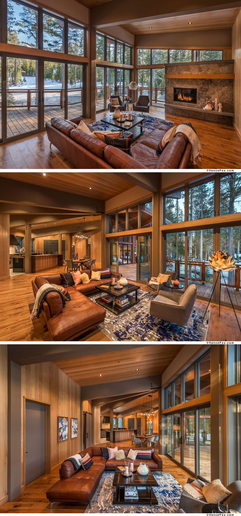 The upper floor of this modern mountain home is centered around a great room, with one end of the room dedicated to a living room with a fireplace. #ModernCabin #ModernHouse #LivingRoom #GreatRoom