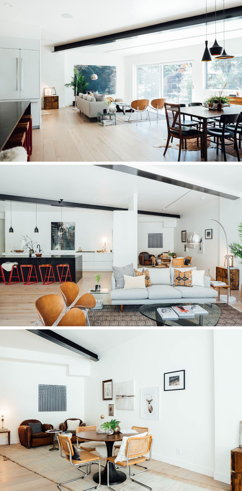 Inside this modern house, white walls, high ceilings, and large windows allow the open floor plan to feel bright and airy. A patterned rug defines the living room, while behind the couch, there's an alcove with a round table surrounded by chairs, and a couple of leather club chairs. #LivingRoom #ModernInterior #OpenFloorPlan