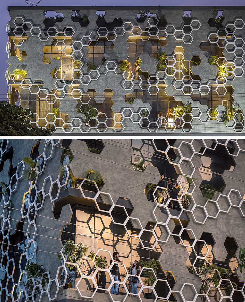 Studio Ardete have recently completed 'Hexalace', a new building in Mohali, India, that features a hexagonal pattern on its facade. #Facade #BuildingFacade #Architecture #Hexagonal