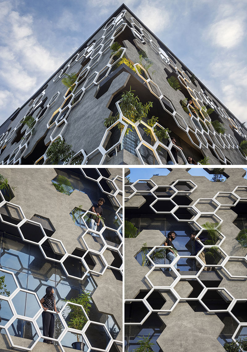 Studio Ardete have recently completed 'Hexalace', a new building in Mohali, India, that features a hexagonal pattern on its facade. #Facade #BuildingFacade #Architecture #Hexagonal