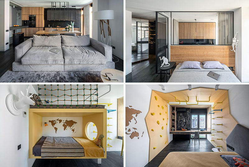 This modern family apartment has a grey, wood and black color palette, except for the children's bedrooms, which feature bright yellow accents. #ModernApartment #InteriorDesign